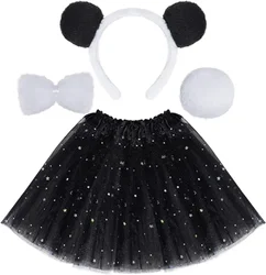 White Black Panda Costume Ears Headband Tail Bow Tie Tutu Skirt Animal Halloween Cosplay Party Kids Girls Women Wedding Festival