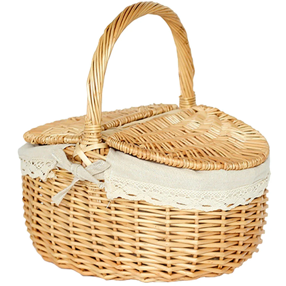 

Outdoor Picnic Basket Flower Storage Baskets Container Snack Handle Fruits Vintage Willow Woven Hand-made Portable