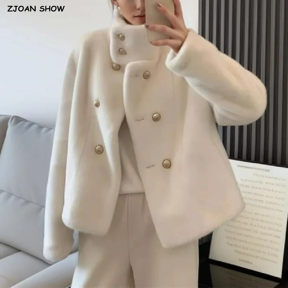 2024 Winter Stand Collar Faux Fur Coat Women Loose Full Sleeve Open Buttons Furry Short Outerwear Creamy white