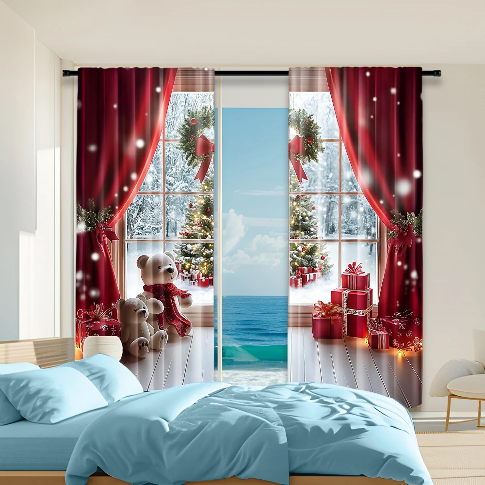 

2Pcs Christmas Themed Window Curtains Gift Box And Bear Design Polyester Material Drapes For Bedroom Living Room Office Decor
