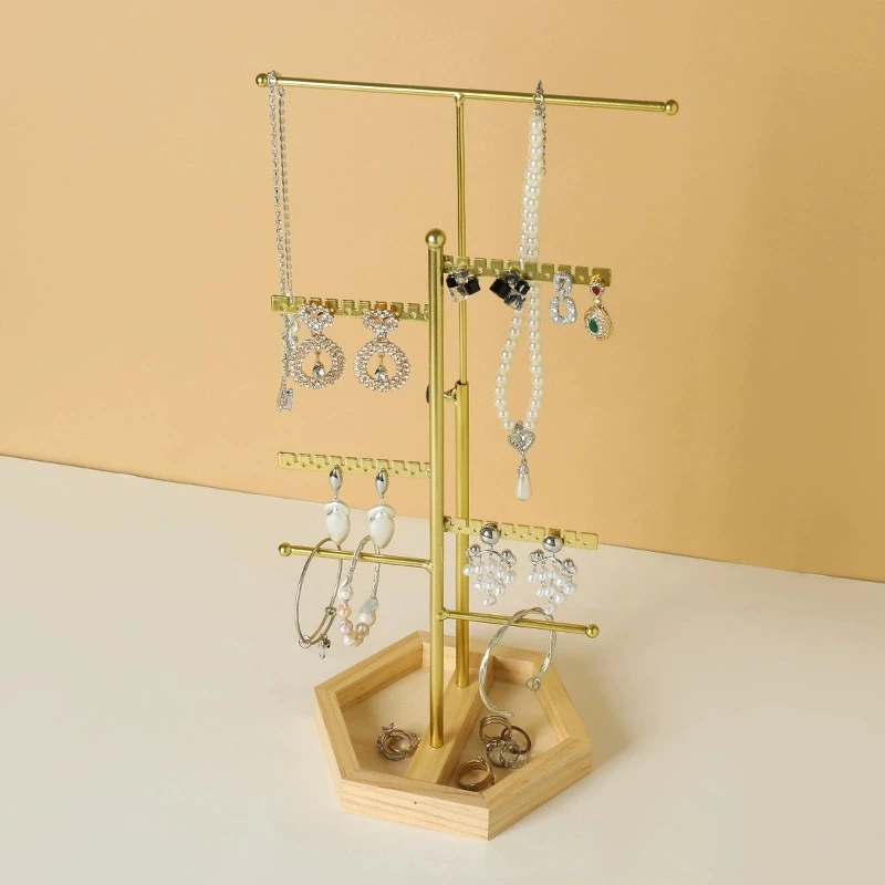 

Fashion Multilayer Metal Jewelry Display Rack With Wood Base, Tabletop Pendant Necklace Bracelet Earrings Hanging Storage Stand