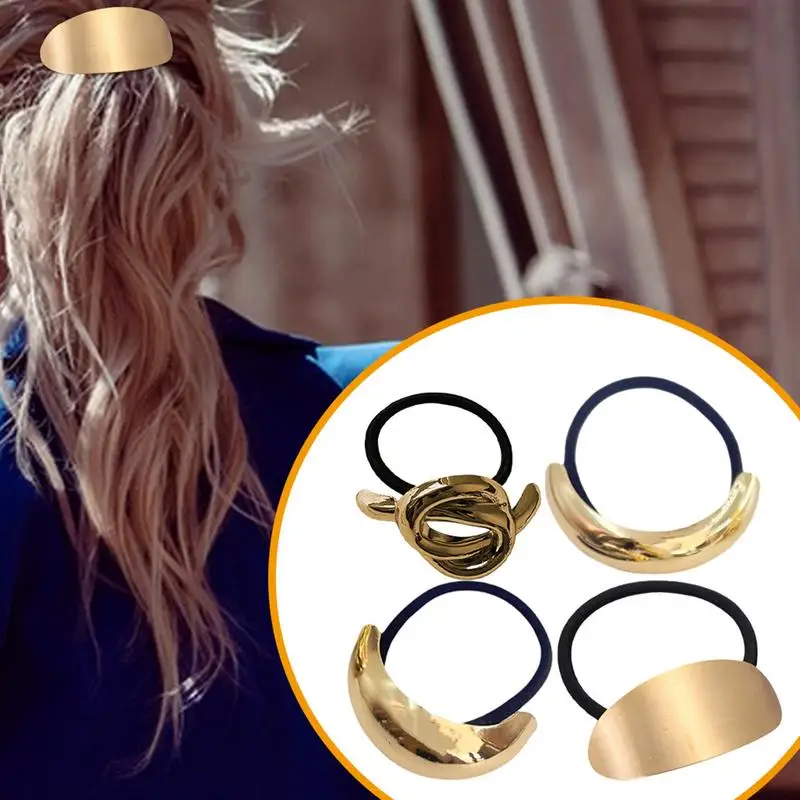 4Pcs Metal Hair Ties Geometric Elastic Hair Ropes Fashion Gold Hair Cuff Wrap Decorative Hair Bands for Women Hair Accessories