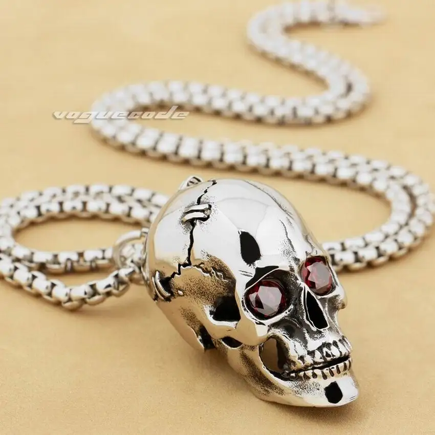 

Stainless Steel Red CZ Eyes Openable Skull Pendant Punk Jewelry 3H001 Chain 24"