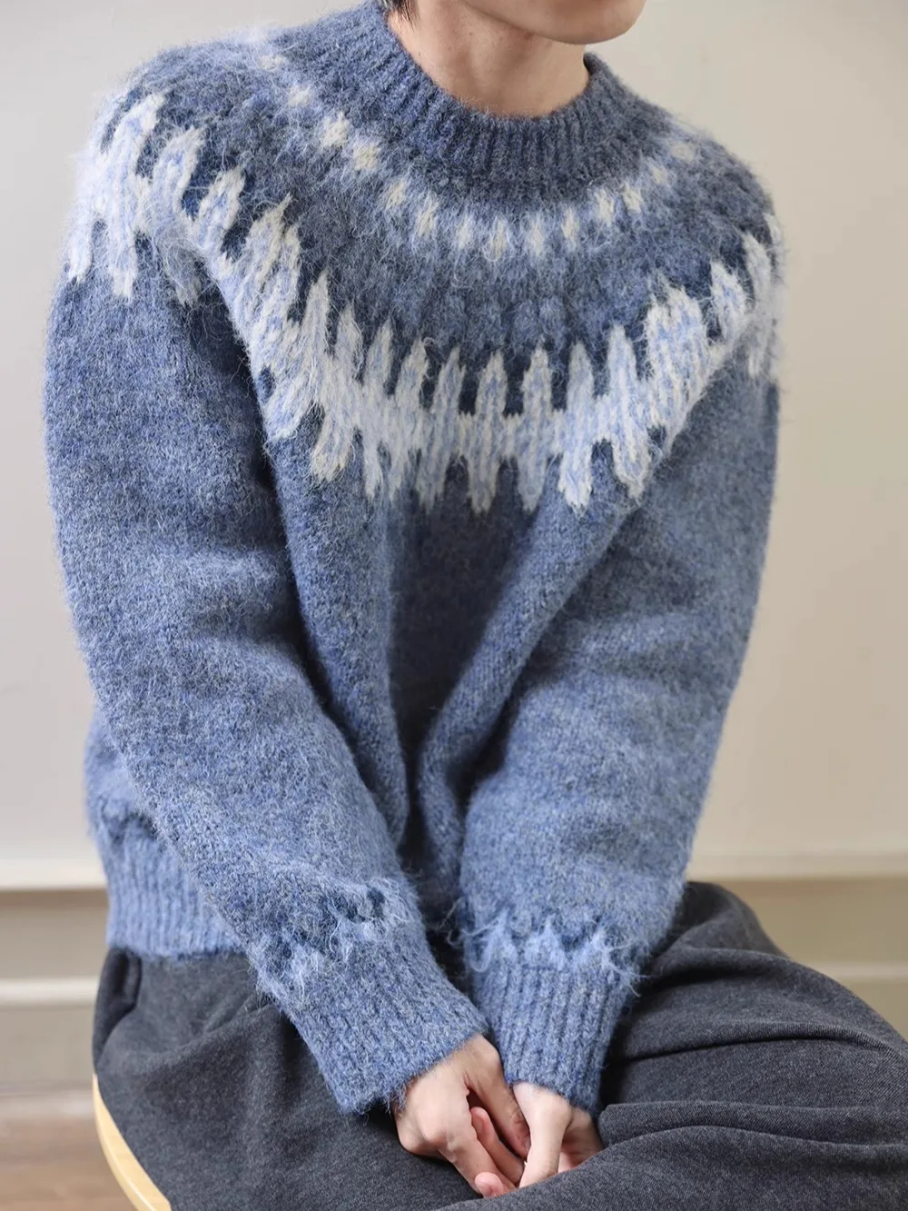 

Thiened Winter Knitted Wool Sweater Loose Fit round Ne M Fem ex Nordic Sle Lazy Life Cola Pattern Long Sve