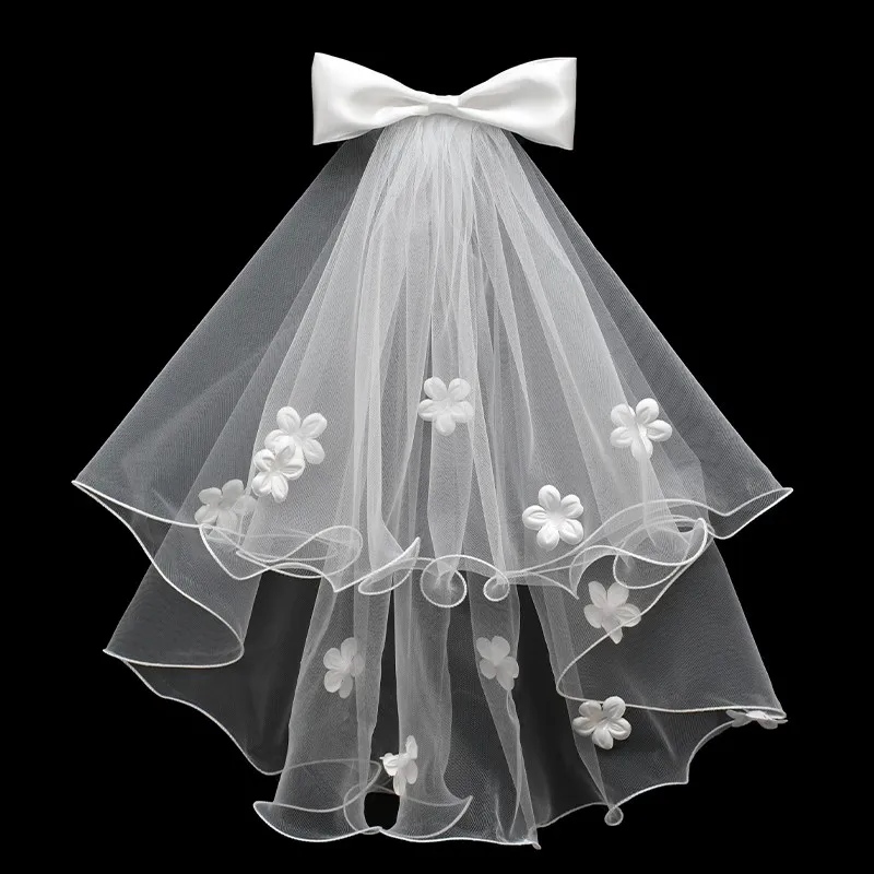 Bride Short Veils For Wedding Headpiece Elegant 2 Layer Tulle Ribbon Pearl Bow Veils Girls Bachelorette Party Veils With Clip