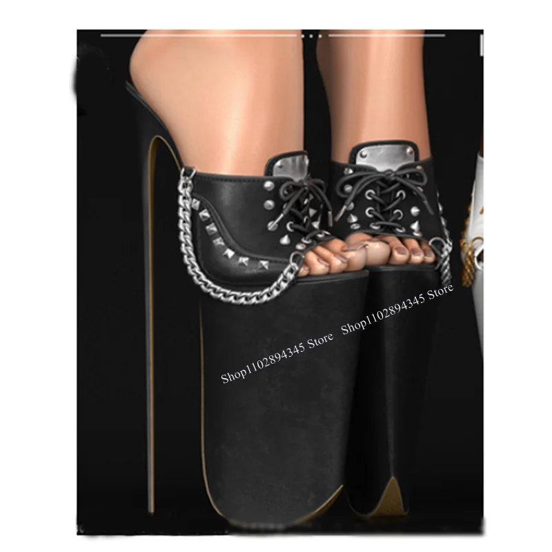 

Black Chain Lace Up Slip On Sandals Peep Toe Thin High Heel Fashion Sexy Cool Summer Big Size 2025 Woman Shoes Zapatillas Mujer