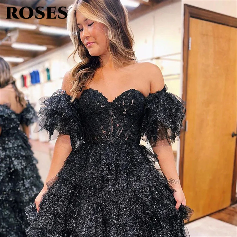 ROSES Black Prom Dress Princess Sweetheart Glitte A-Line Evening Dress Detachable Sleeves Party Dress With Appliques Lace 프롬드레스