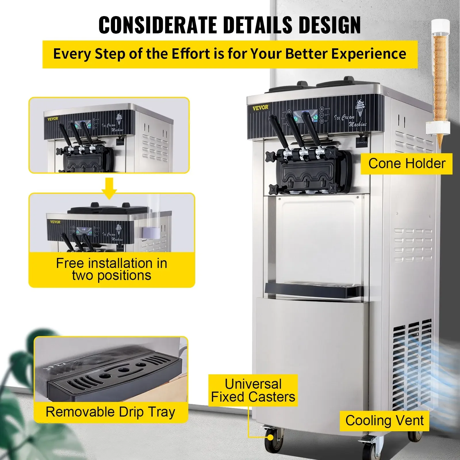 SIHAO Commercial Soft Ice Cream Machine 2200W  20-28L/H Ice Cream Maker Double 6L Hoppers Ice Cream Making Machine YKF-8228H