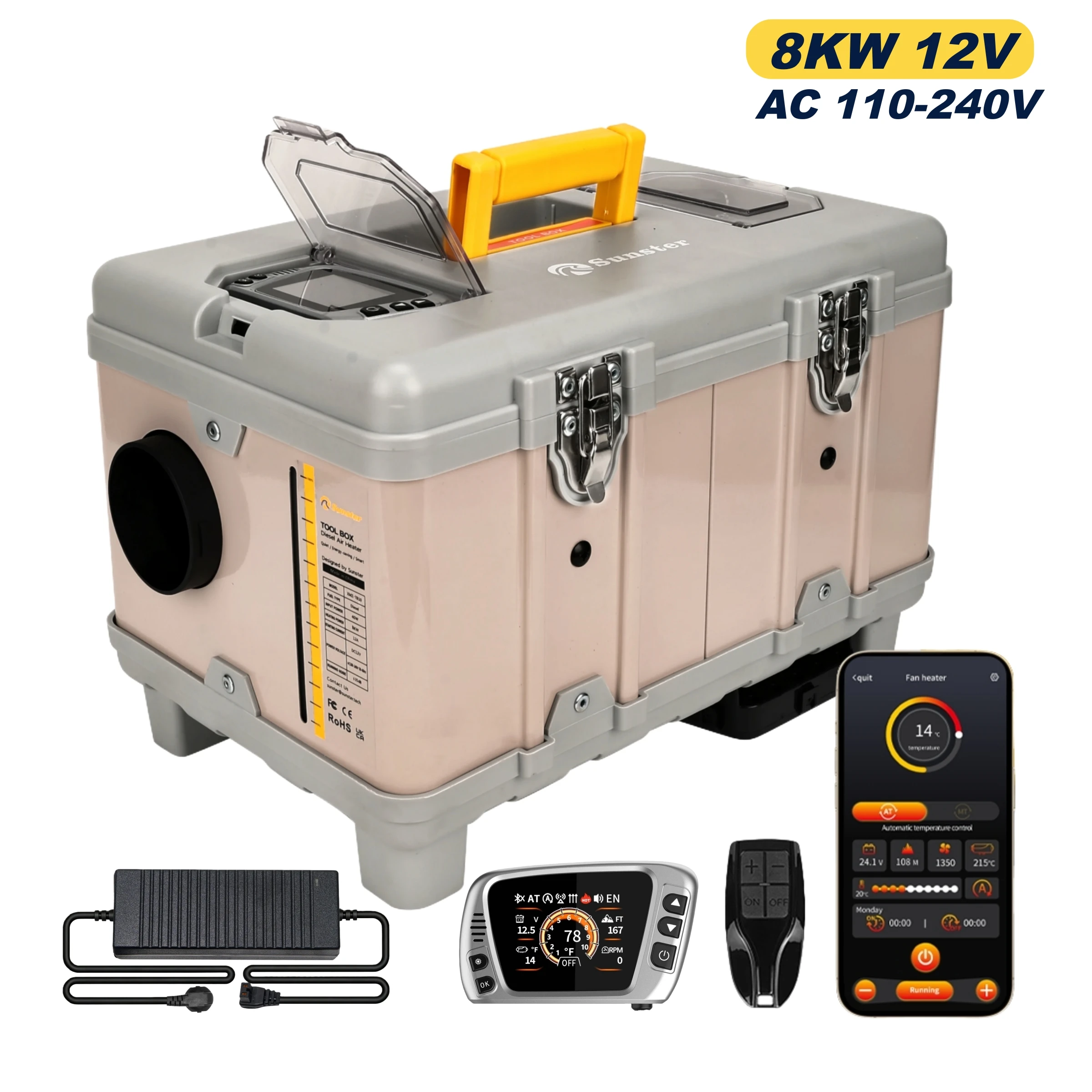 8KW 12V/220V Portable Diesel Air Heater w/ Self-Cleaning &amp; Bluetooth APP, High Altitude Mode Car Diesel Heater for RV Truck Van