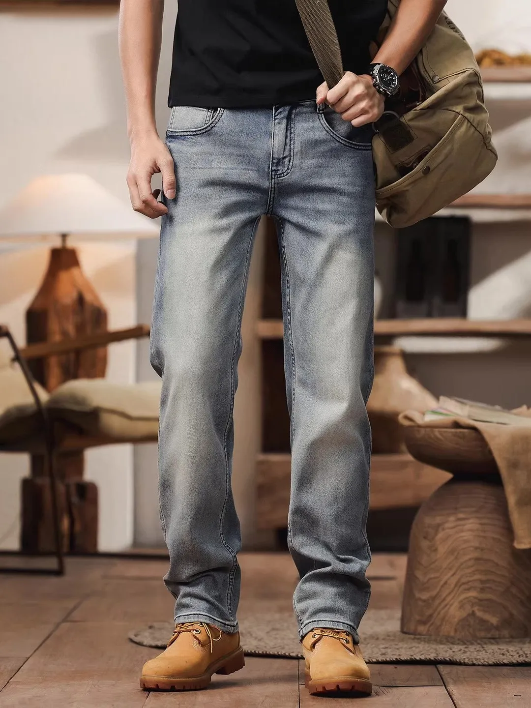 

Loose Straight Leg Men's Jeans Spring Autumn Light Color Elastic Casual American Vintage Sle mid Waist Cleanfit Series