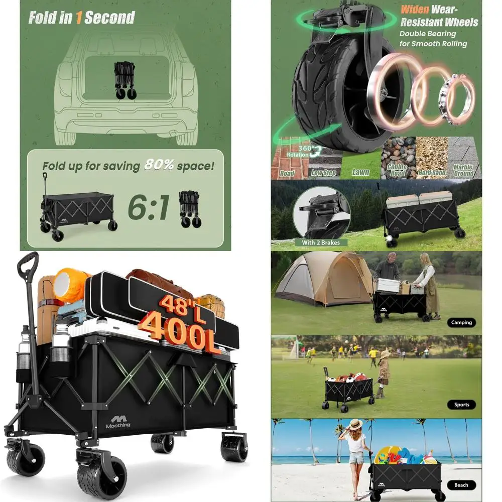 

Collapsible Heavy-Duty Folding Wagon, 320L Large Capacity, All-Terrain Big Wheels, Ideal for Beach, Camping, Sports, Grocery, Ga