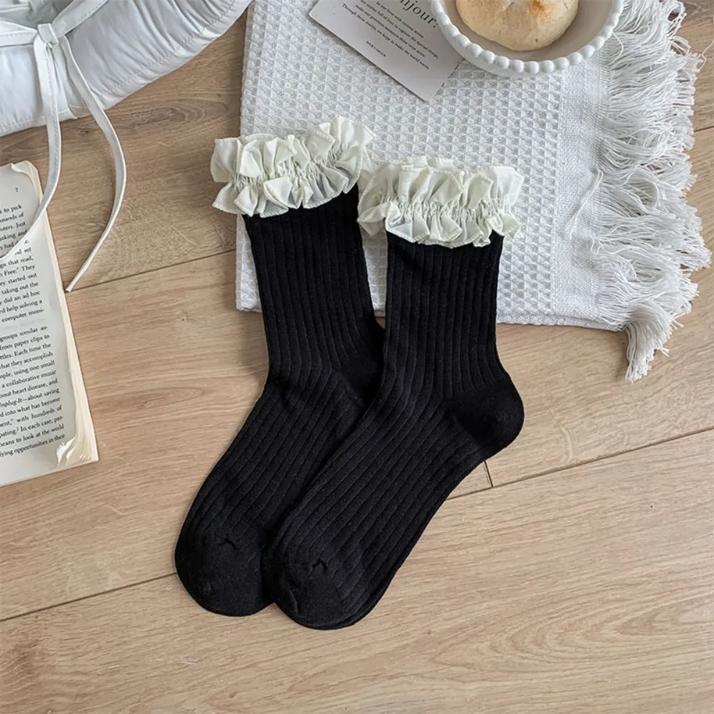 1 Pair Cute Thin Fabric Women Middle Tube Socks Japanese Style Breathable Ruffle Socks Lolita Style Cotton Socks Summer Wear