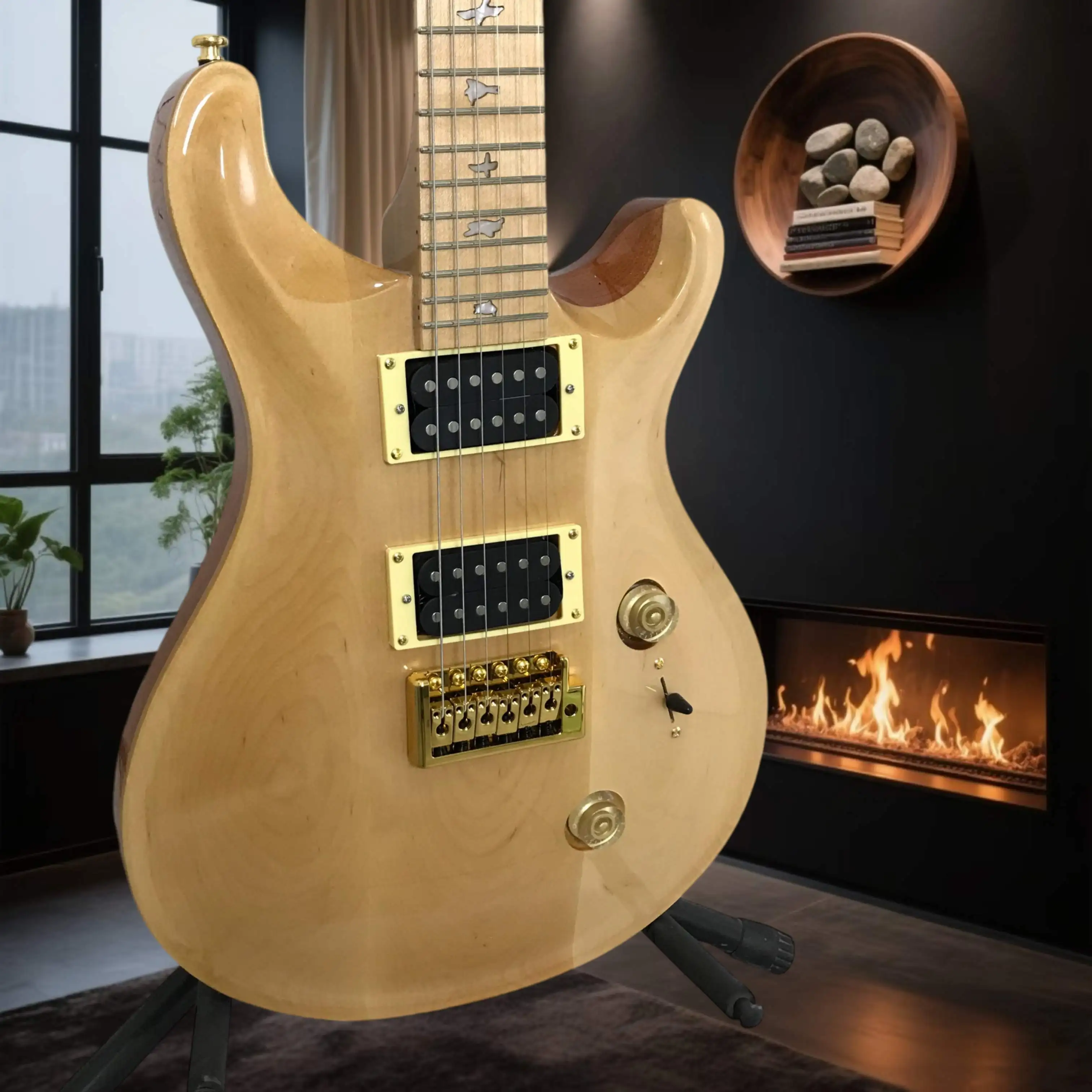 Natural Wood PRS Electric Guitar Full Tremolo Dual Humbucker Gold Hardware Versatile Tone Progressive Metal Jazz Stage