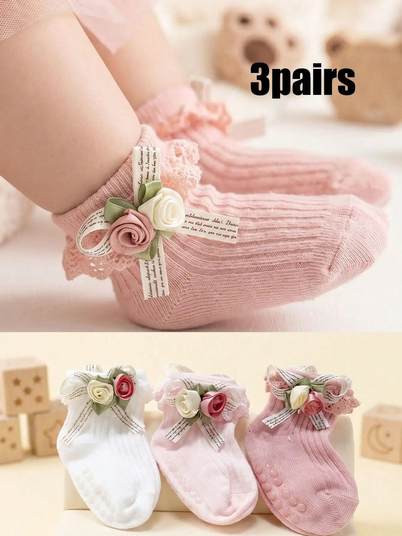 3Pairs 3‑12M Kids Letter Print Bow Mid Calf Crew Socks Set, Unisex Boys Girls Multi‑Color Cotton Socks for All‑Season Daily Wear
