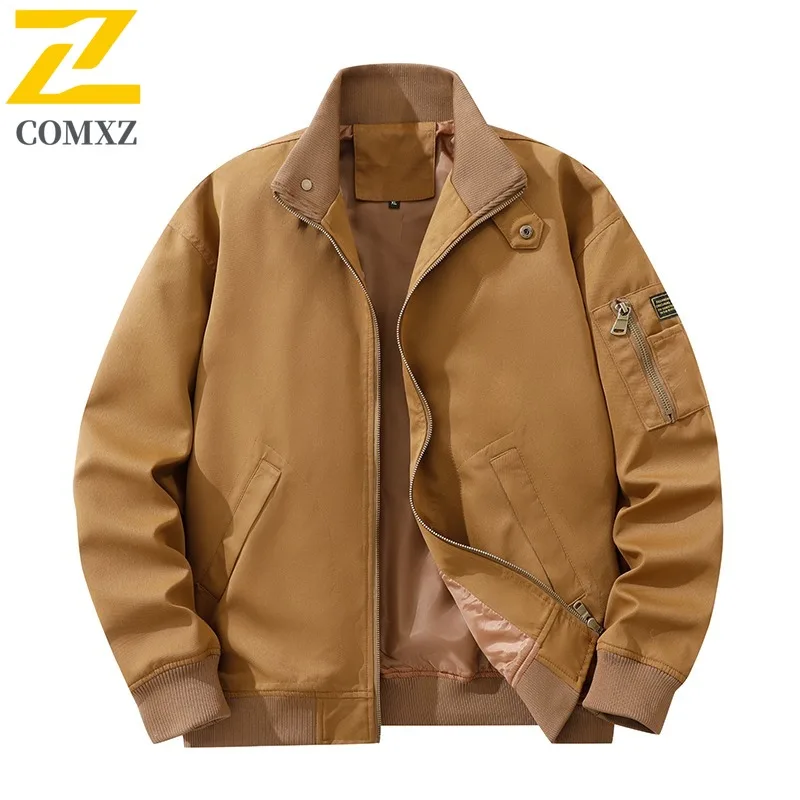 

COMXZ 2025 рабочая куртка весенне-осенний стиль повседневное свободное однотонное пальто с воротником-стойкой практичная мужская куртка с несколькими карманами