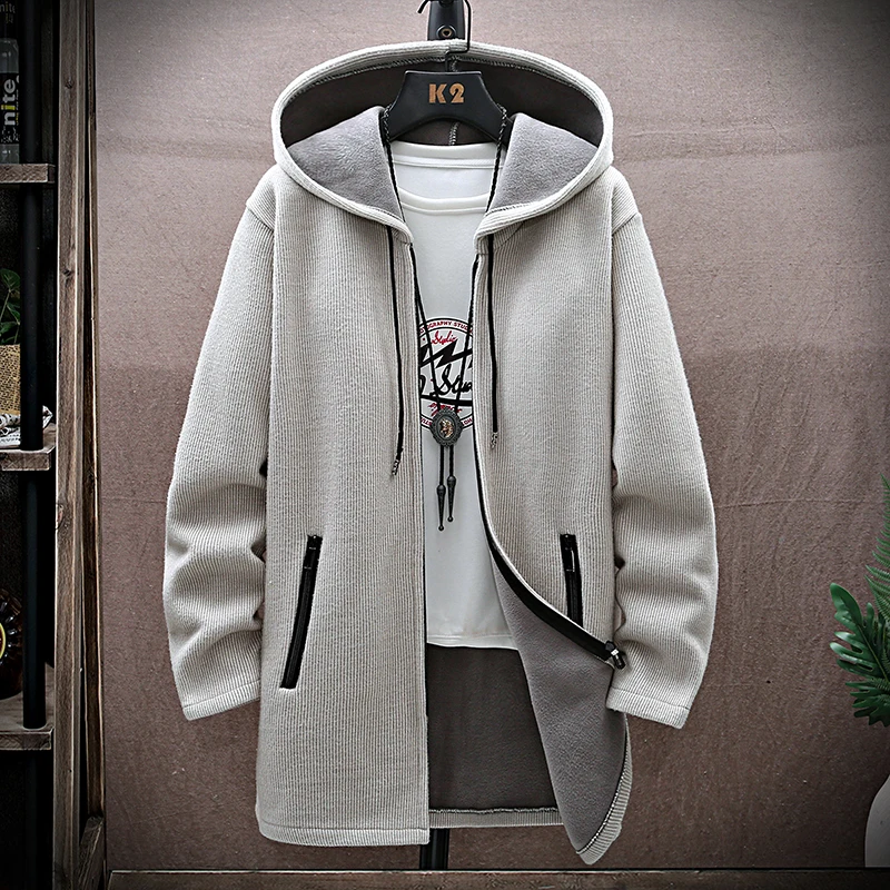 Men Long Cardigan Hooded 2024 Autumn Winter Knitted Sweater Long Coat Zip Solid Casual Fleece Hooded Jackets Outwear Man Clothes