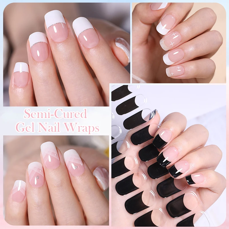 20 dicas rosa branco gradiente semi-cura gel prego envoltórios adesivo francês cobertura completa unha gel polonês decalques manicure lâmpada uv necessária