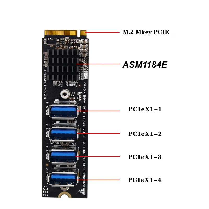 M.2 M KEY PCI-E Riser 4 Risers Into TO PCI Card 4-port PCI-E X1 Adapter Module For Window 1 To 4 Expansion Board ASM1184E