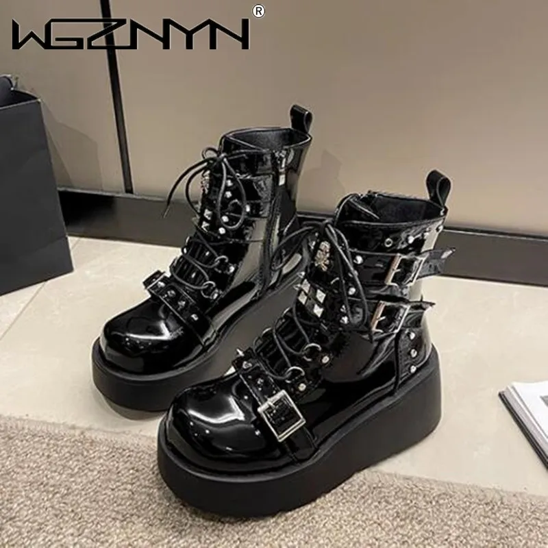 2024 Damskie buty na koturnie i wysokim obcasie Metal Decor Buckle Punk Platform Women Boots Party Gothic Street Woman Shoes Knight Boots