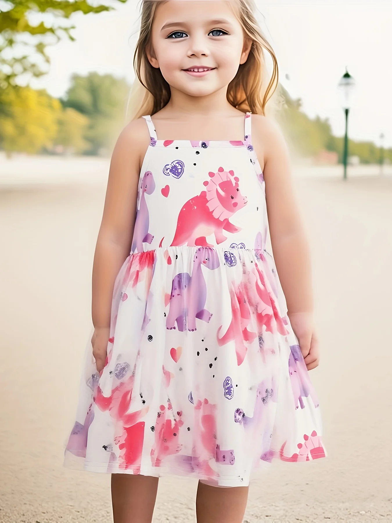 فستان بحزام سباغيتي جميل للفتيات | طباعة ديناصور وردي وأرجواني مع تنورة من التول - فستان بدون أكمام لعوب" #1