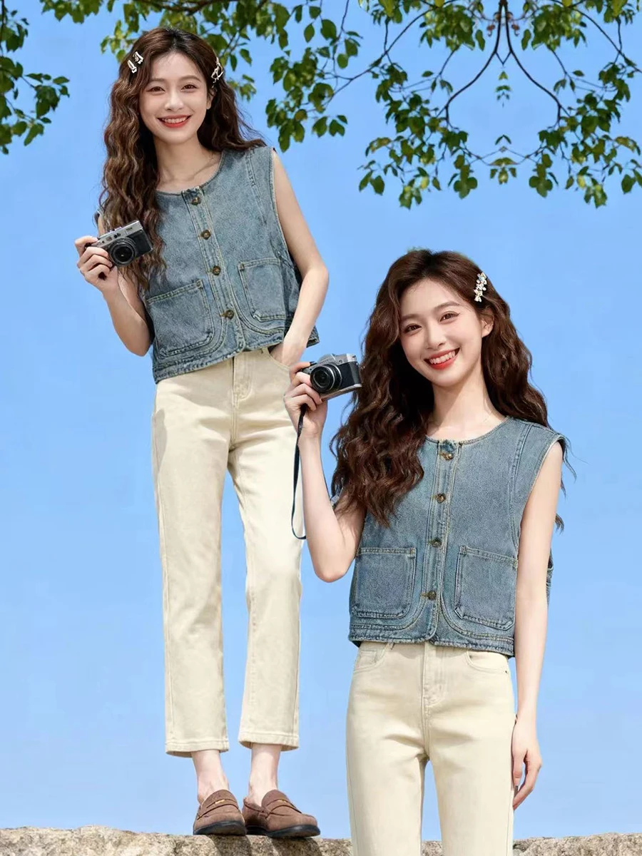 

Sli Thin Denim Vest Women's Tank Top Summer Loose round Ne Svel Jaet Breathable ort Length Color