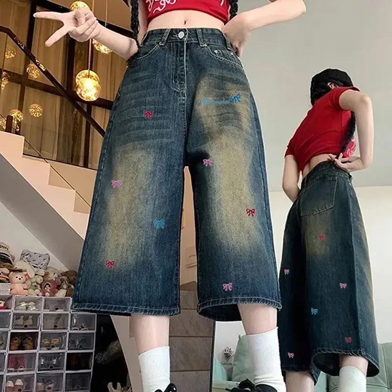 

American Stylish Bow Embroidery Straight Jeans Women's Clothing High Waist Button Summer New Wide Leg Vintage Loose Pants