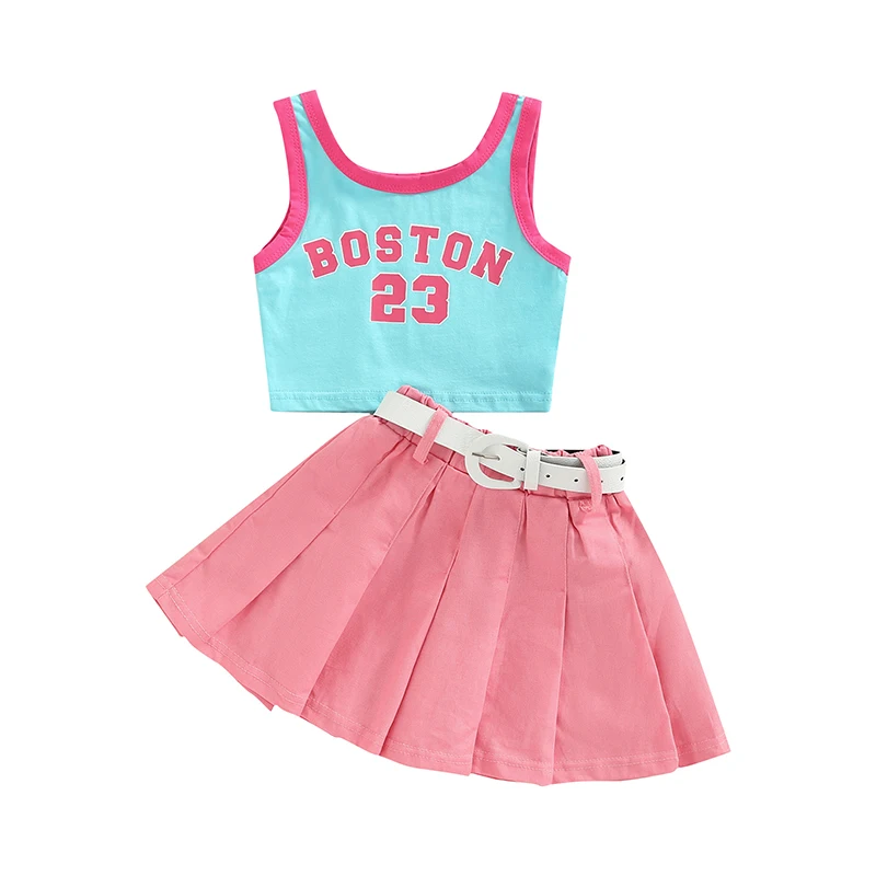 Cute Baby Girls 3 Piece Set Sleeveless Tank Top with Fun Print Pleated Skirt Stylish Belt Perfect for Summer Outfits