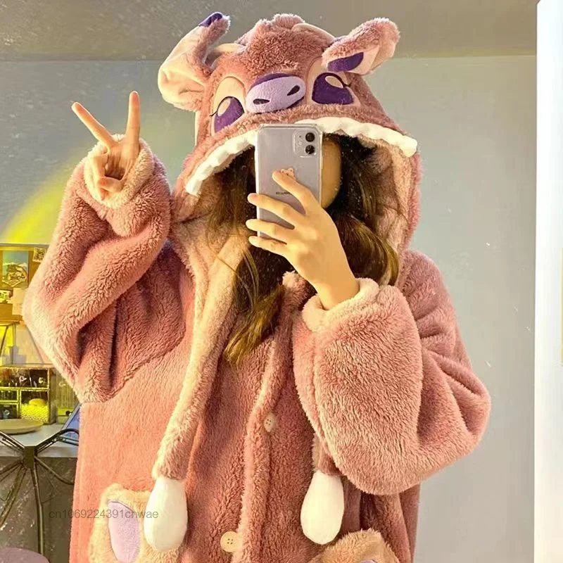 Disney Stitch Angel Hooded Pajamas Y2k Couple Kawaii Coral Fleece Home Clothes Set Women Winter Warm Plush Sleepwear Suit Female