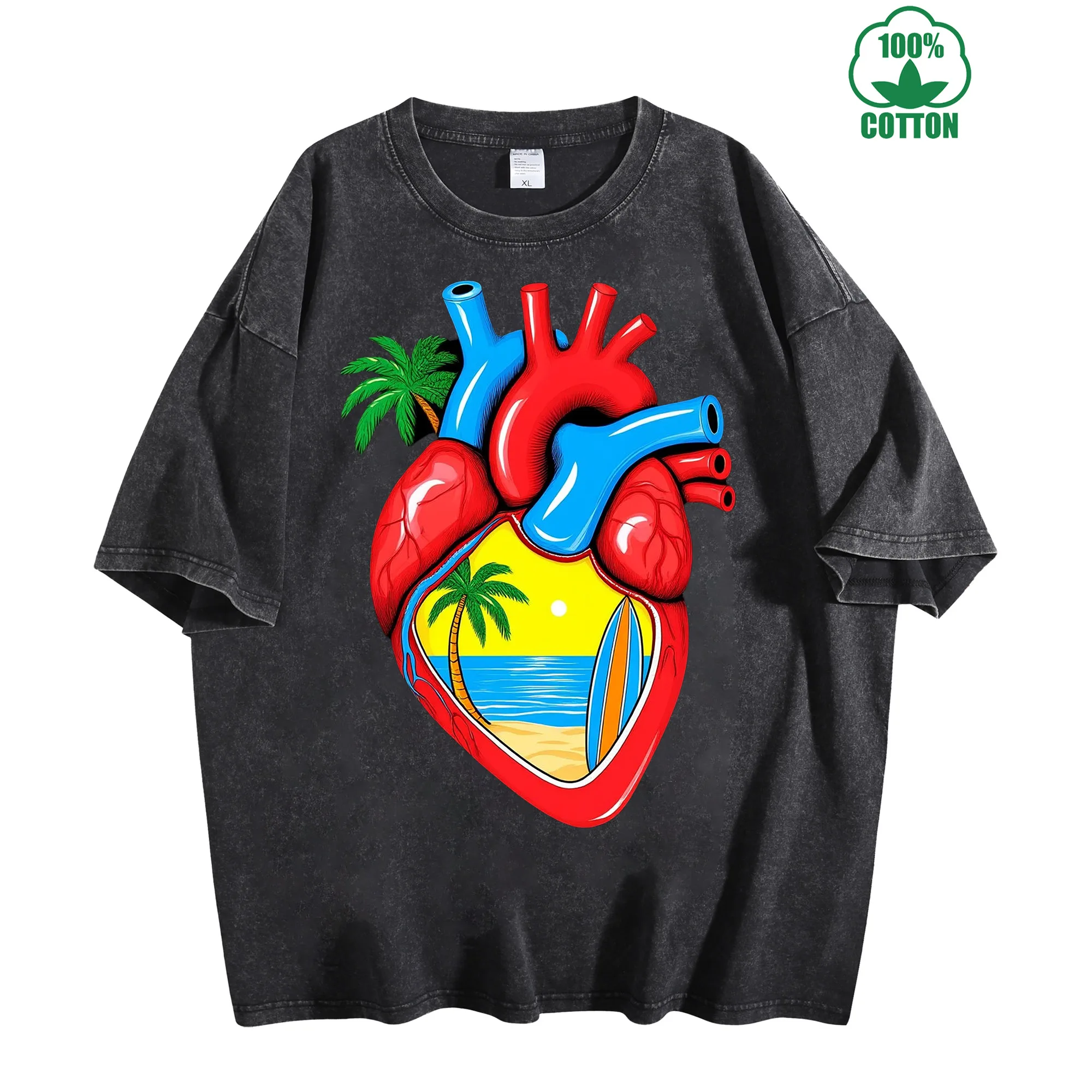 

Винтажная потертая футболка Heart of the Ocean, 230 г, 100% хлопок, удобная уличная одежда большого размера, унисекс