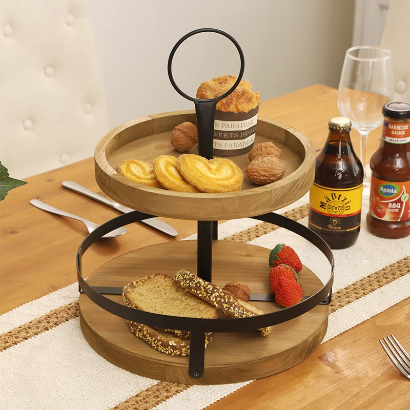 

Rustic Farmhouse Decorative Two-Tiered Tray, Cake Stand, Distressed Wood Display Stand with Metal Loop Ring