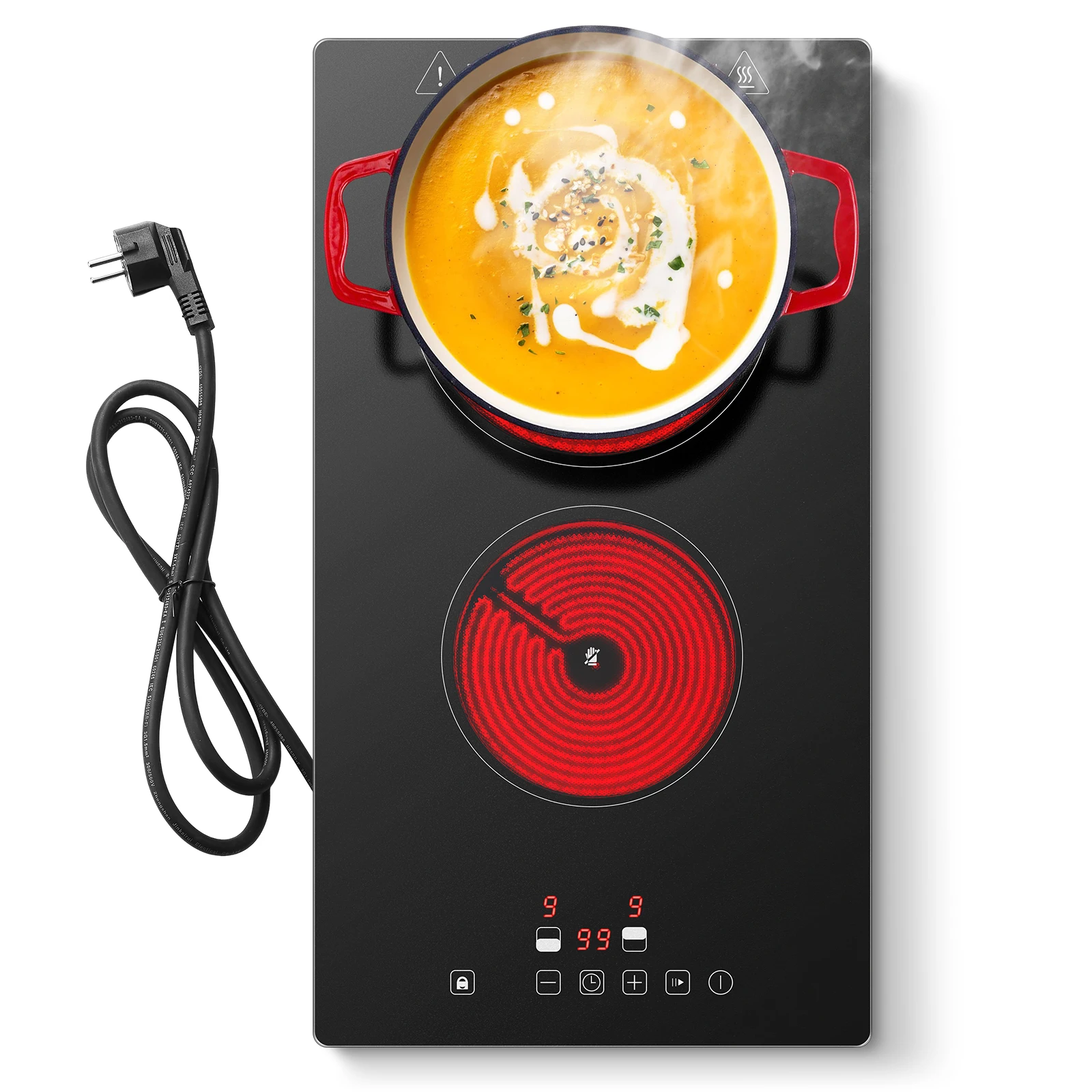 Placa Vitrocerámica KICHPOWER de 30 cm, 3000 W, 2 Zonas, Control Táctil con 9 Niveles de Potencia, Temporizador de 1-99 Minutos y Bloqueo para Niños