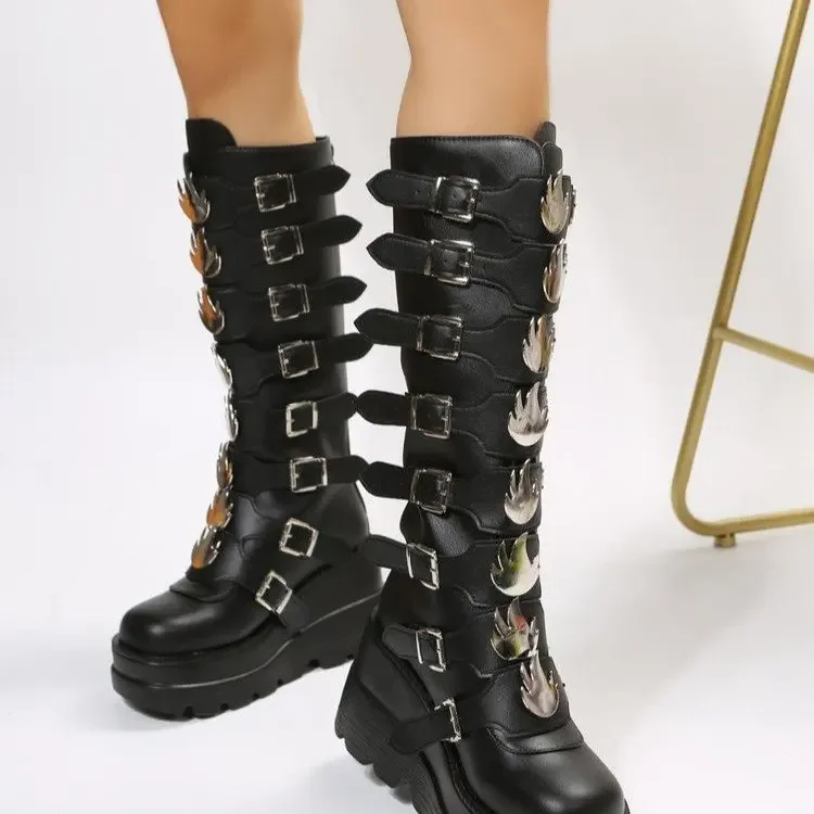 2023 New Fashion Spring Autumn Knee High Boots High Rainbow Wedges Chunky Platform Comfy Walking Gothic Style Women Shoes