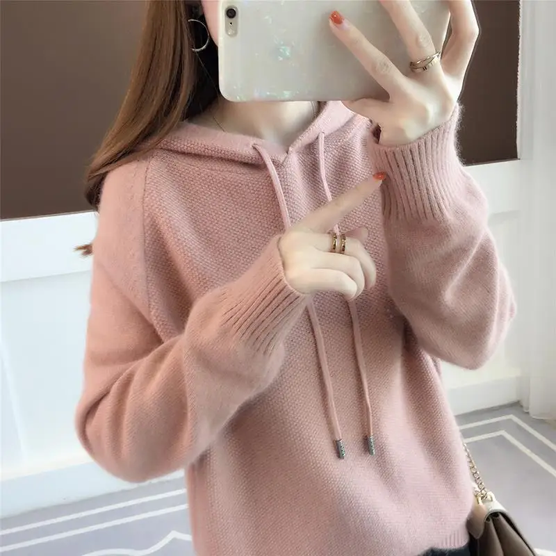 Women's Autumn Sweater Fashion Leisure Preppy Style Hooded Pullover Solid Color Loose Comfortable Versatile Long-sleeved Tops