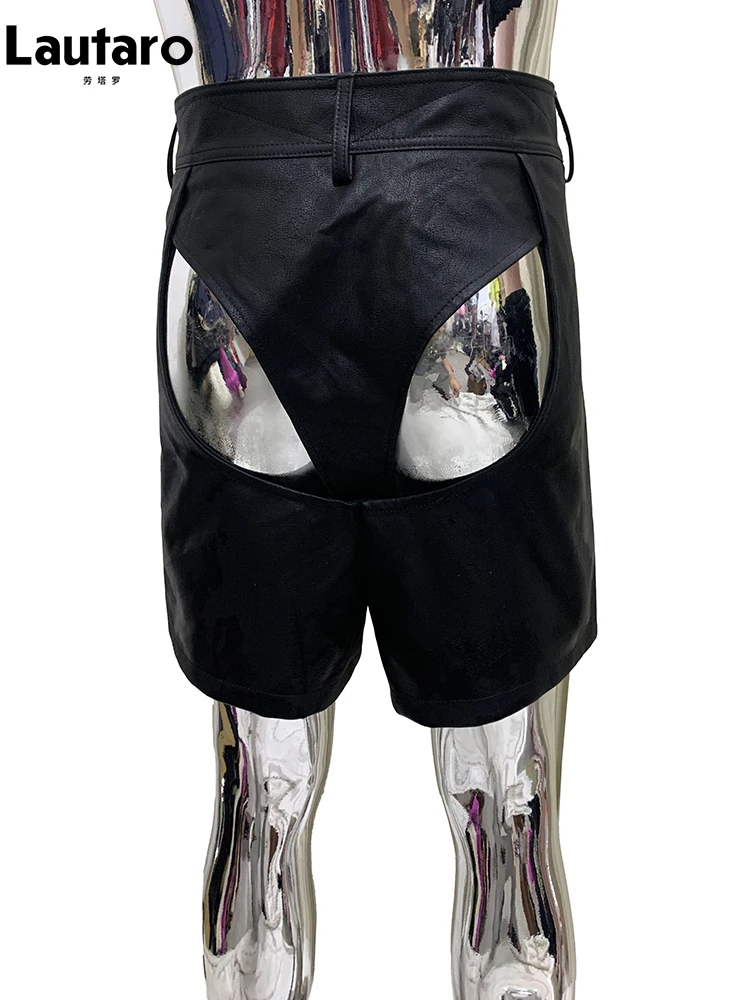 

Lautaro Sexy Black Faux Leather crotchless Shorts for Men High Waist Sexy Hollow Out Emo European and American Clothing 2025