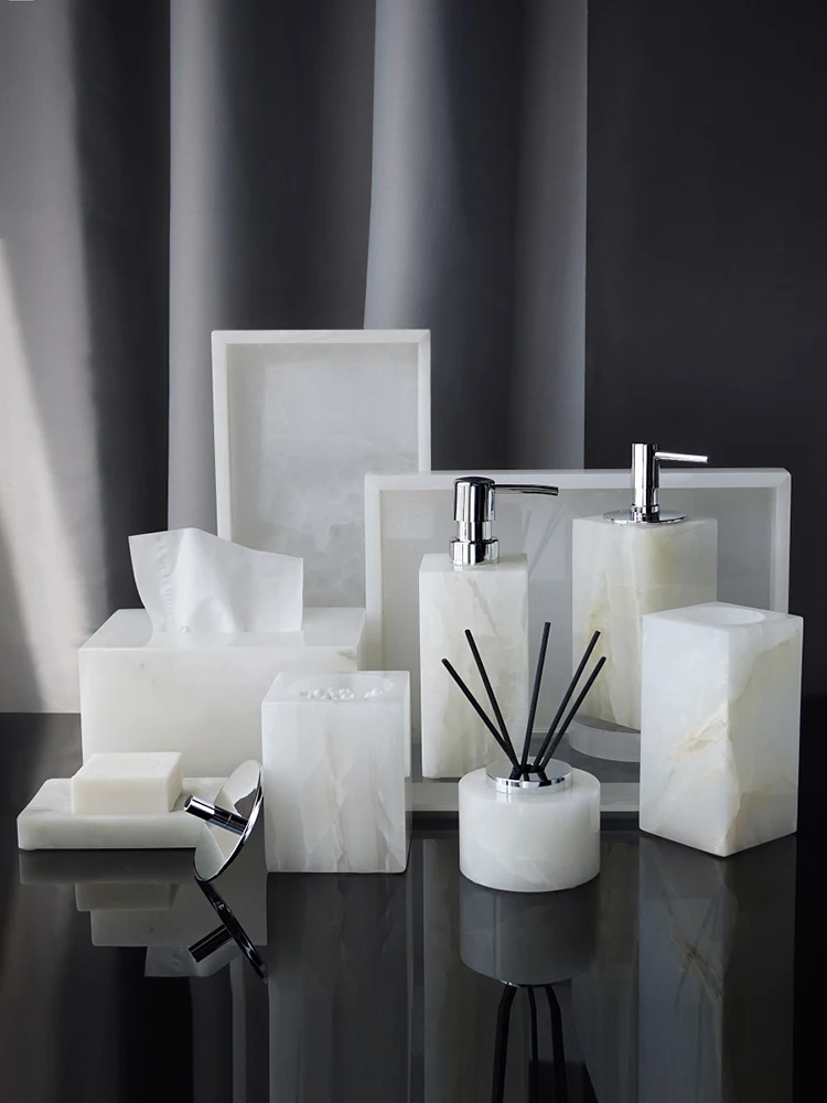 White Onyx Natural Marble Bathroom Accessories Luxury Soap Dispenser Cotton Swabs Container Reed diffuser Tray Bathroom Set