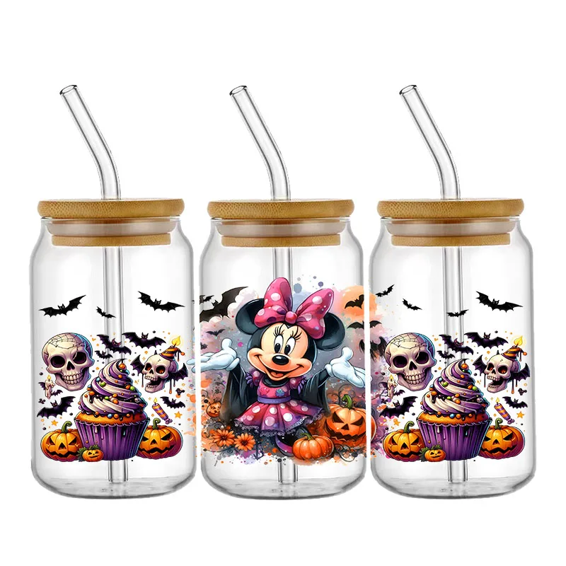 Disney Halloween Mickey Minnie Dessie UV DTF Cup membungkus stiker Transfer untuk 16OZ Kaca Libbey Can botol bisa dicuci DIY sesuai pesanan