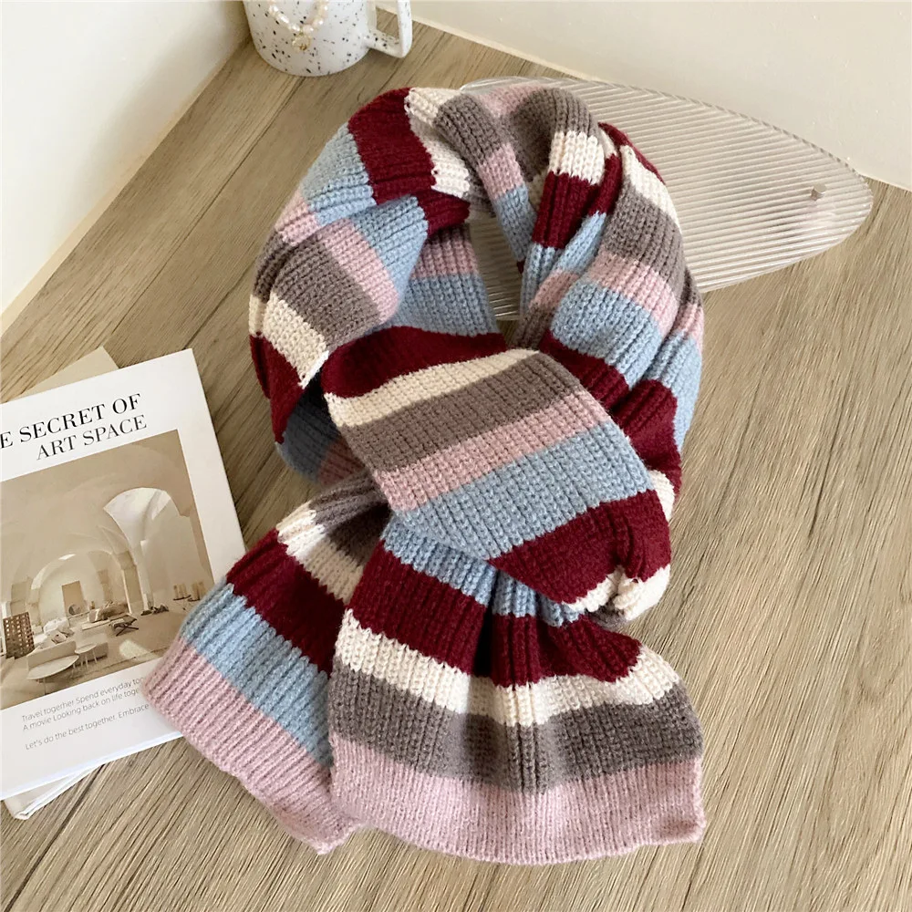 Girls Striped Double-sided Knitted Scarf Women's Autumn Winter Thickening Warm Neckerchief Student Muffler Couple Woolen Muffle