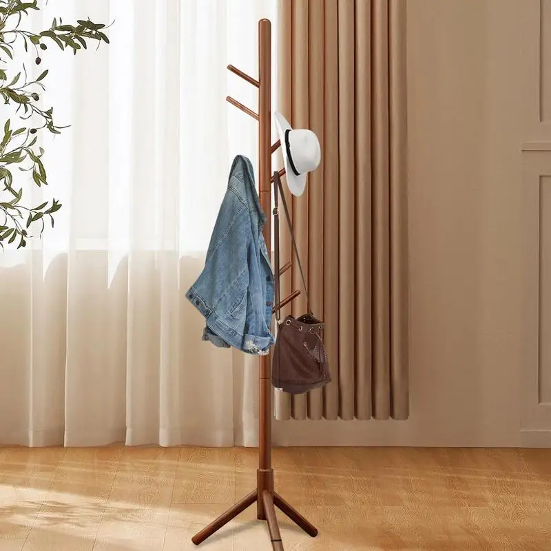 Wooden Freestanding Coat Racks Standing Coat Tree Clothes Tree Stand With 8 Hooks For Entryway Floor Standing Coat Hanger Stand