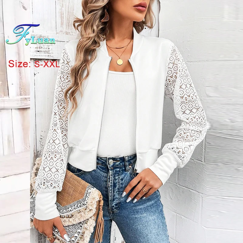 

2025 Spring New Elegant Women's Jacket Fashion Lace Splicing Hollow Out Texture Casual Tops Long Sleeve Female Baseball Clothing
