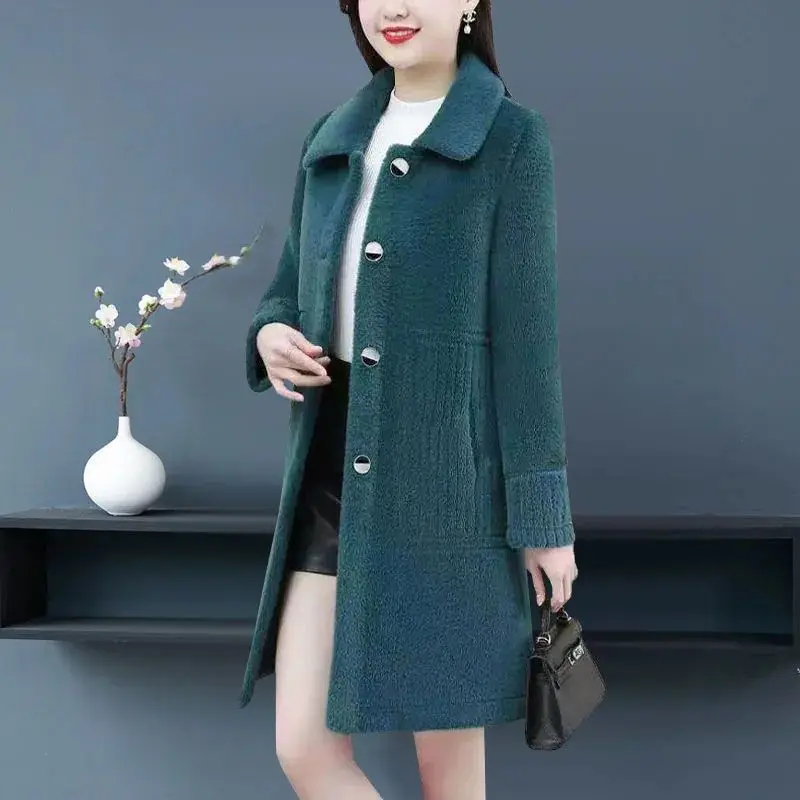 Winter New Solid Color Long Sleeve Fashion Windbreaker Women High Street Mid-length Button Pockets Patchwork Warm Thick Cardigan