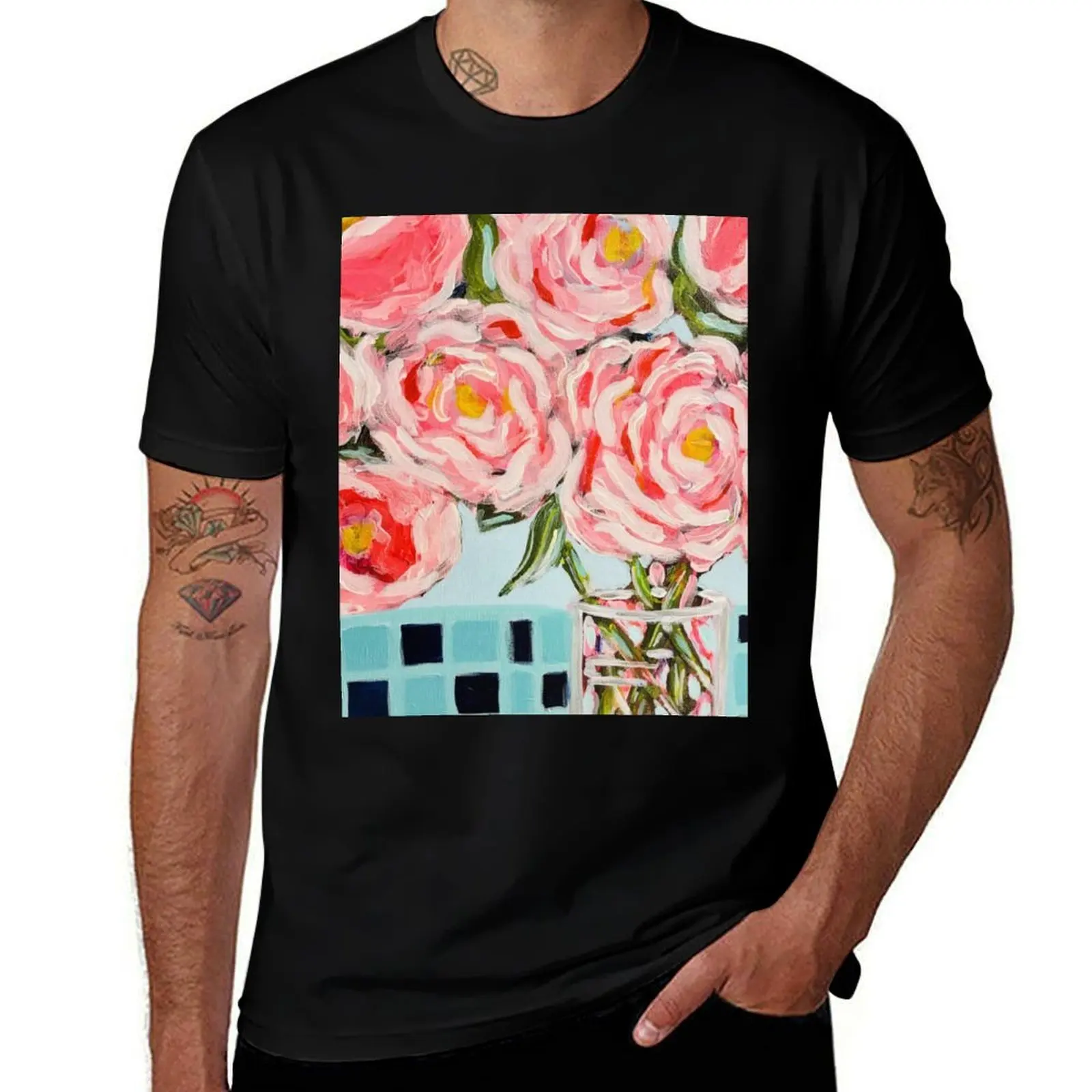 Pink Roses on Blue Check Table T-Shirt cotton t shirt man T-Shirt