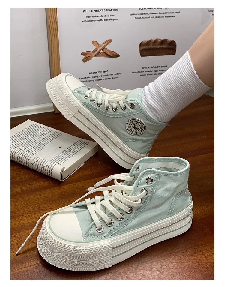 New Women Thick Sole Canvas Shoes High Top Breathable Upper Girls Students Solid Color Low Top Canvas Sneakers Soft Latex Insole