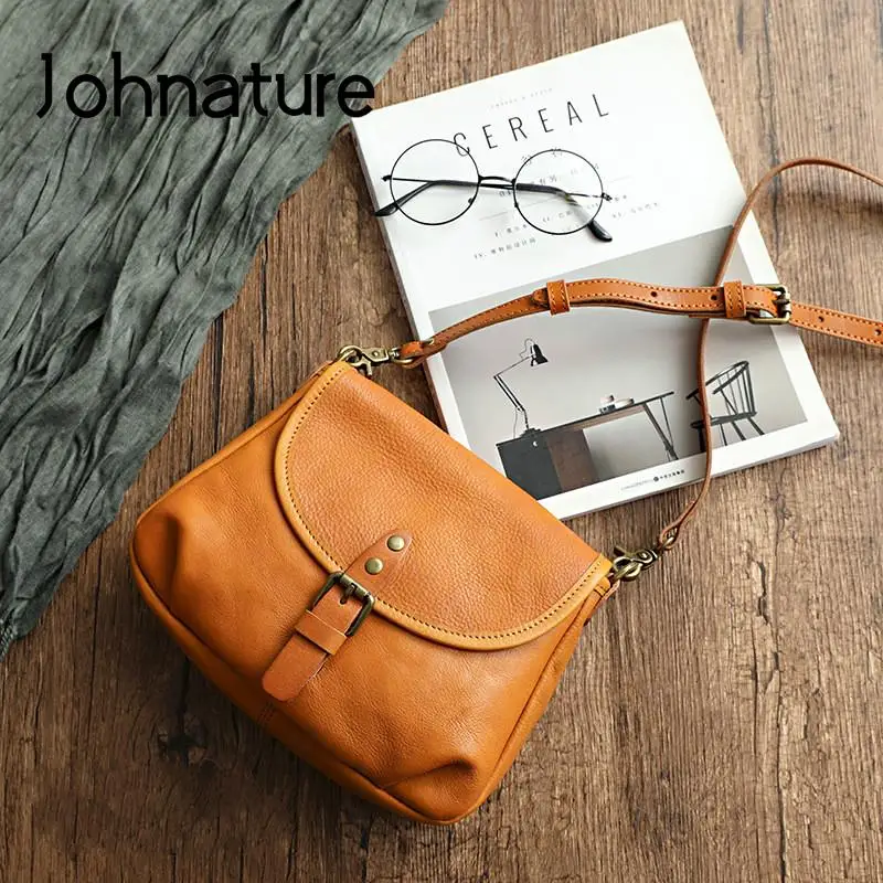 Johnature Retro Genuine Leather Women Summer Small Bag 2024 New Simple Leisure Nature Cowhide Female Shoulder & Crossbody Bags