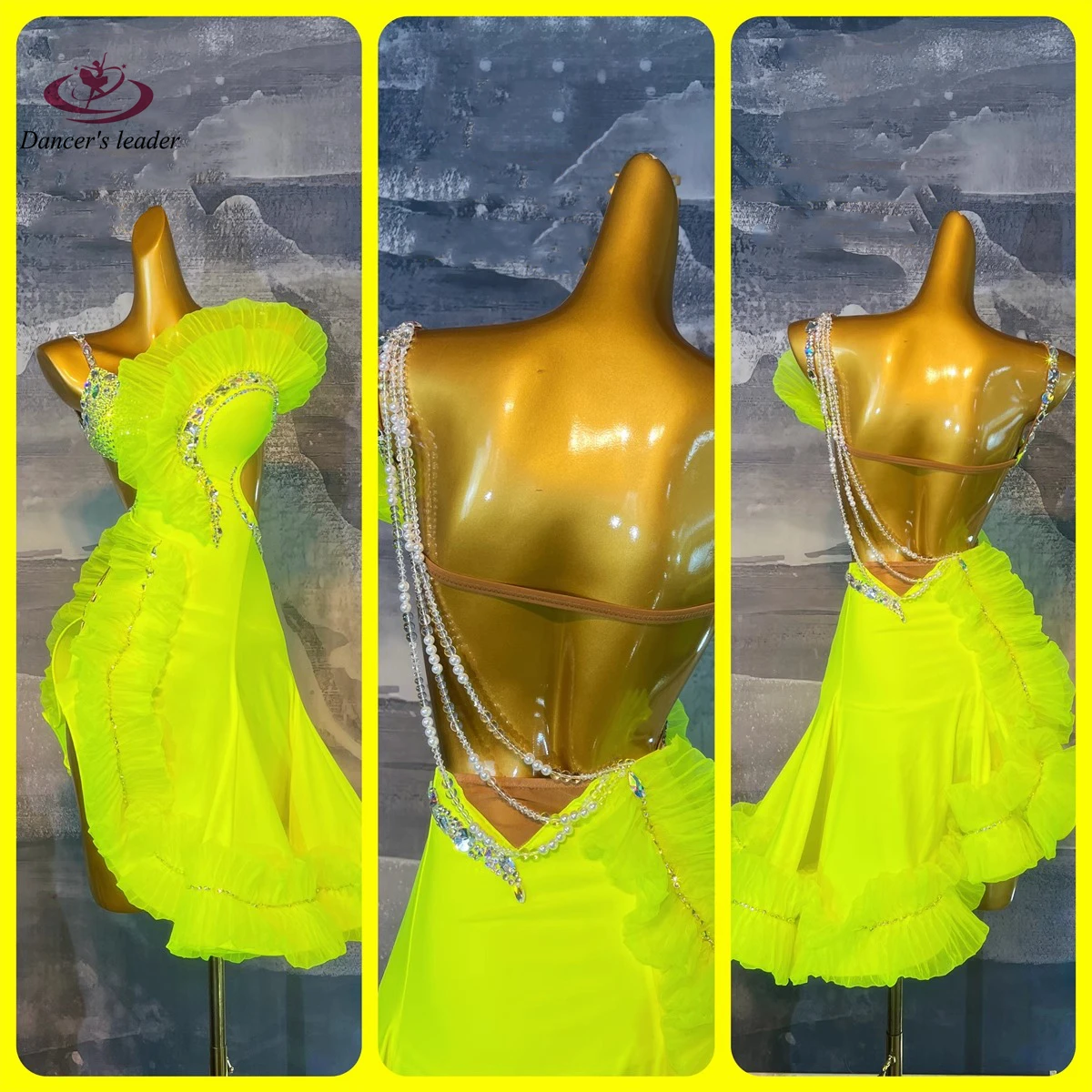 

Latin Dance Competition Women's High-end Custom Pleated Lace Skirt Flower Dress Tango Samba Performance Rhinestone Dress