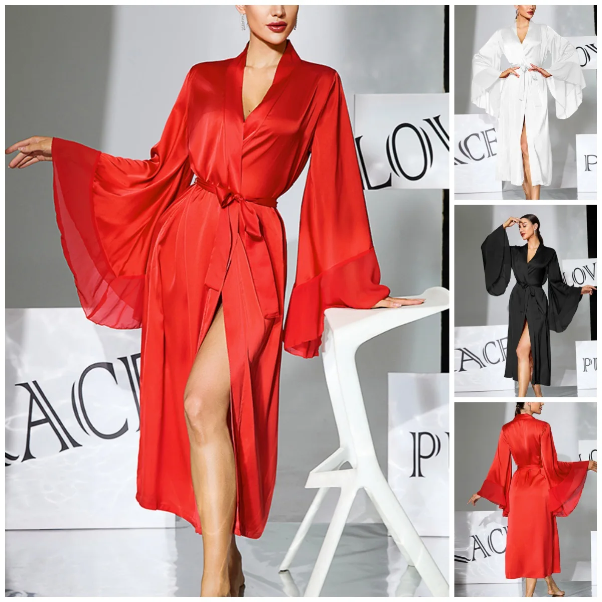 

Ice Silk Satin Bride Wedding Robe Sexy Flare Sleeve Kimono Bathrobe Spring Summer Women Sleepwear Home Clothing