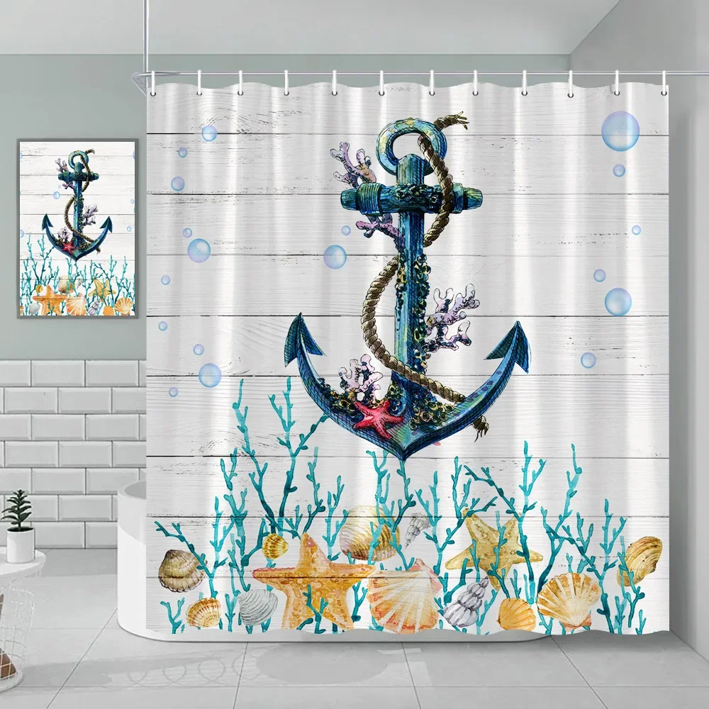 مجموعة ستائر الدش المصنوعة من القماش على شكل سلحفاة البحر الأخضر البحري على الشاطئ، ديكور المحيط الأزرق مع الحلقات والخطافات #3