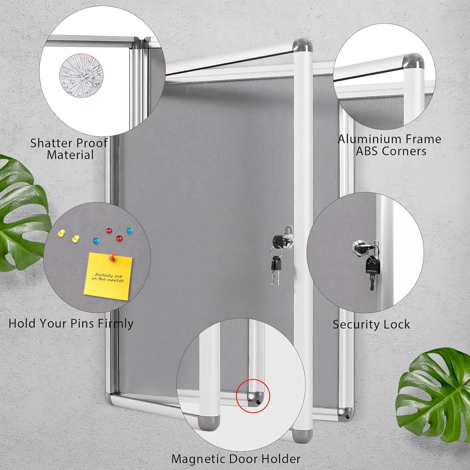 Geschlossene Pinnwände, schützender Informationskoffer, abschließbare Vitrine