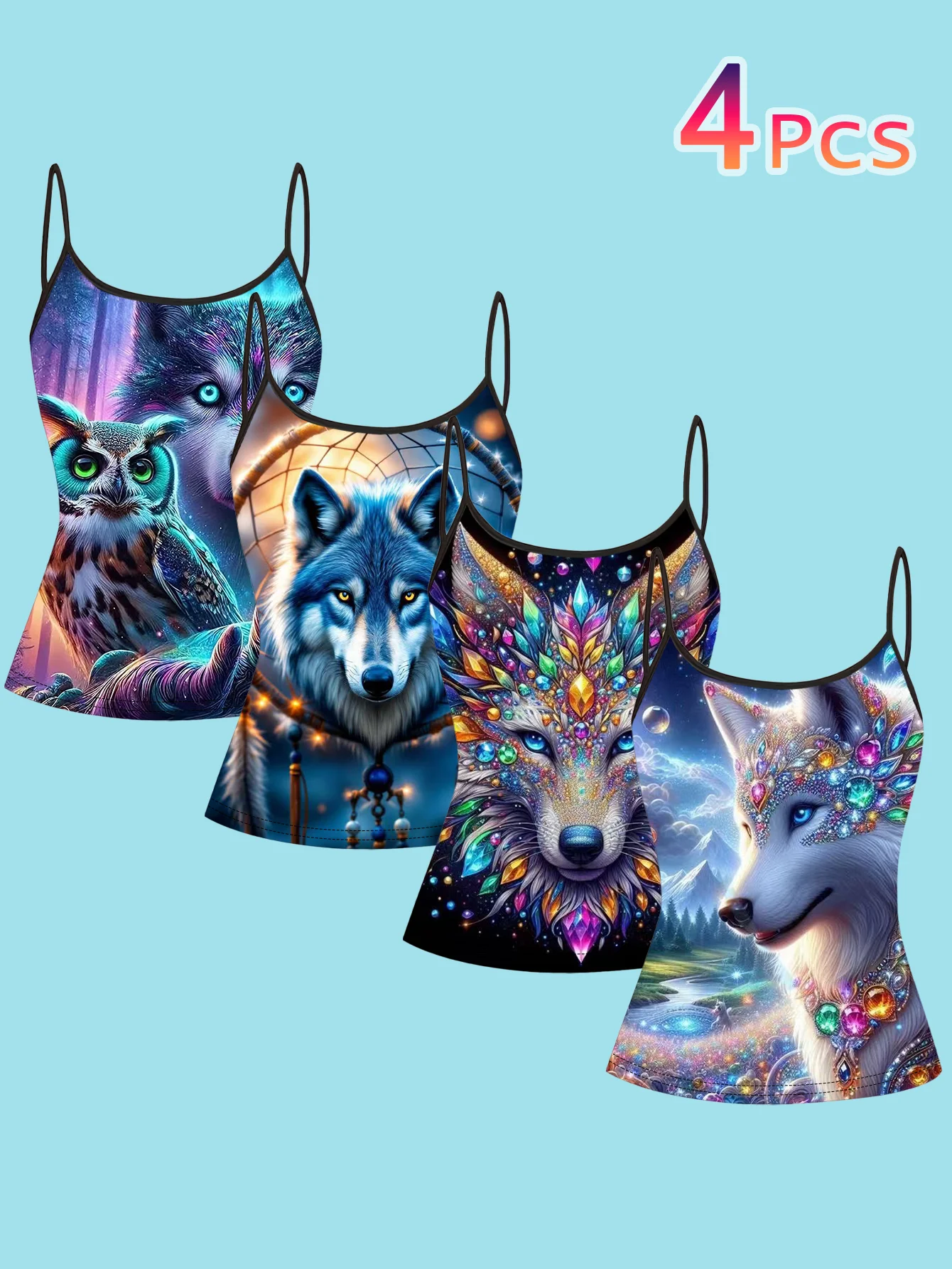 4-Piece Set of Women's Spaghetti Strap Camisoles with Fantasy Gemstone Wolf and Owl Artistic Animal Print, Slim-Fit Sleeveless Tops