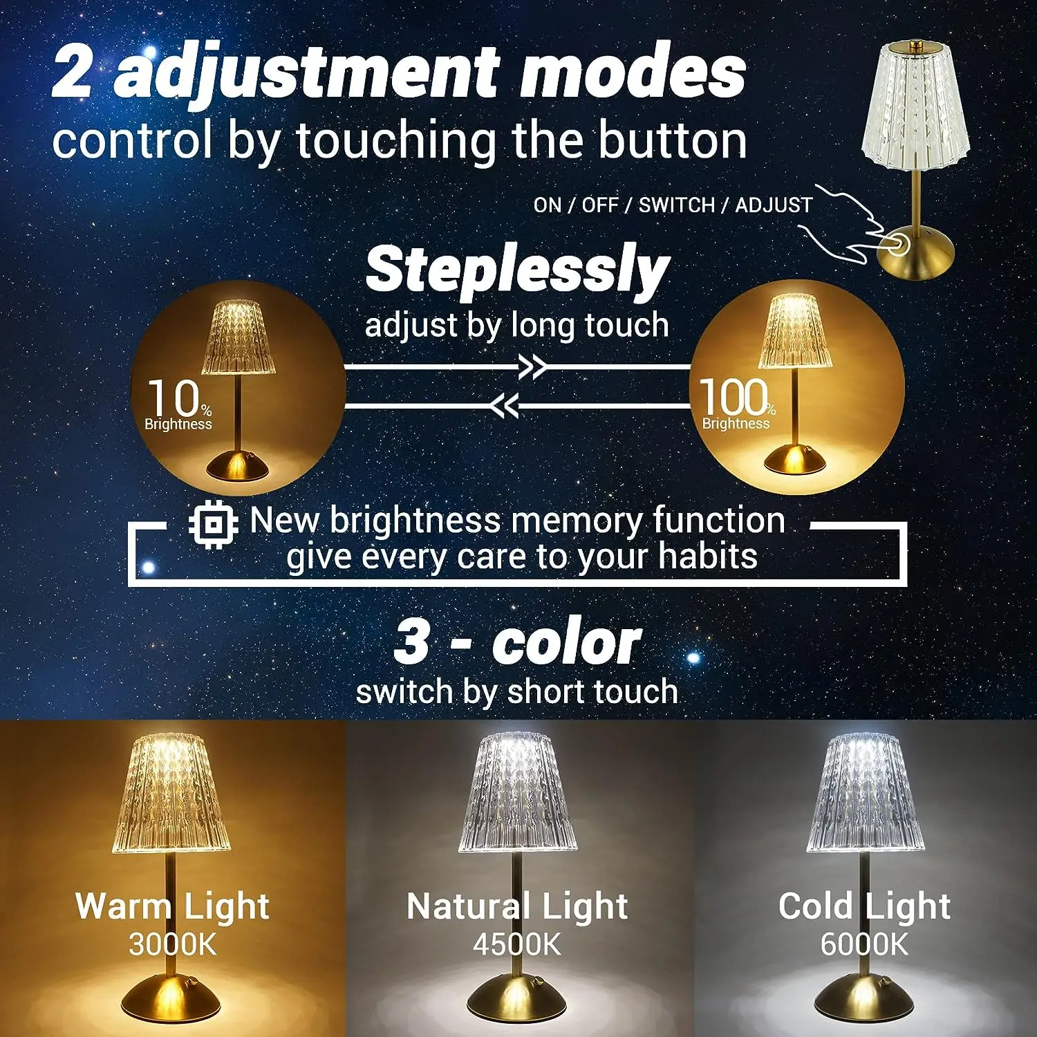 Cordless table lamp Rechargeable battery powered light 3 color modes and stepless dimmable LED touch light Portable crystal gold