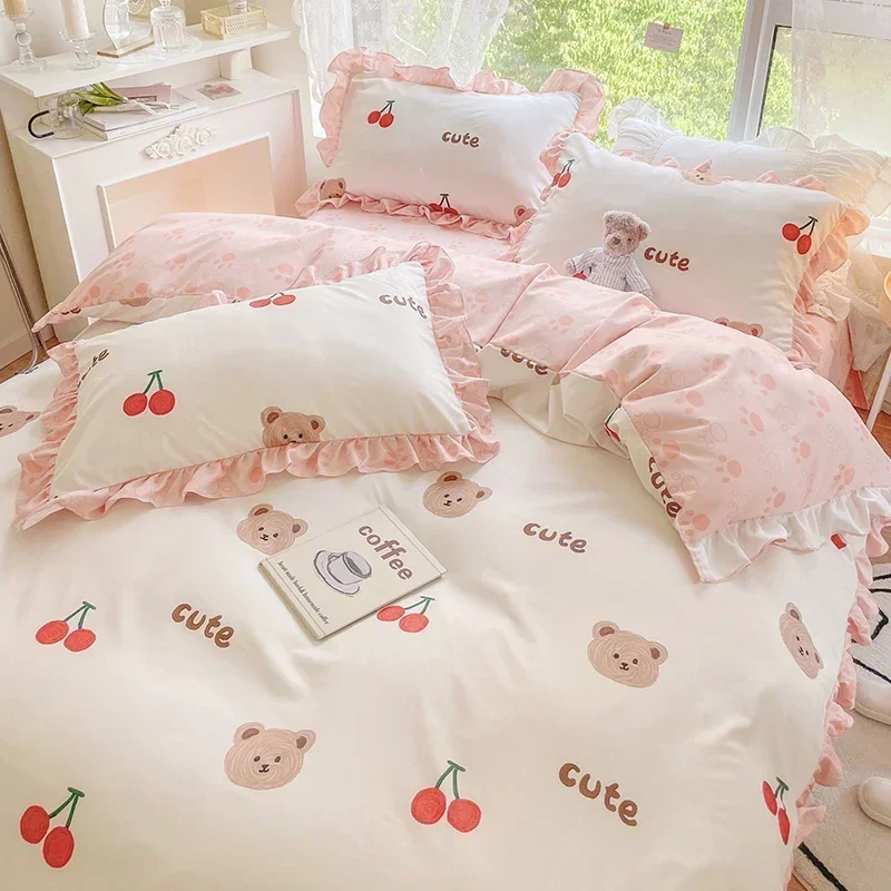 

New Cute Princess Style Bedding Set For Girls Twin Full Queen King Size Polyester Bed Skirt AB Side Quilt Cover Sheet Pillowcase